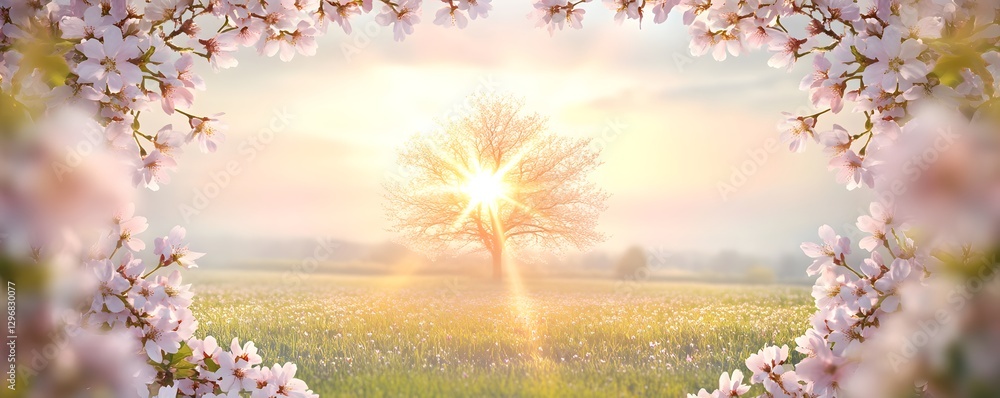 Poster tree standing in field illuminated by sun peeking through branches