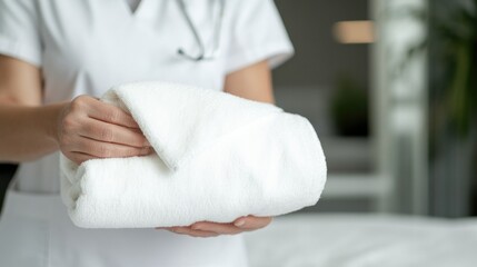 Fototapeta premium Neatly folded white towel held by caregiver in serene environmen