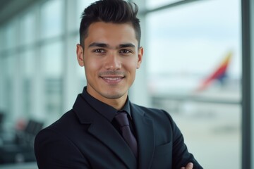 Head and shoulders Portrait of an elegant stylish Venezuelan young male flight attendant in uniform.