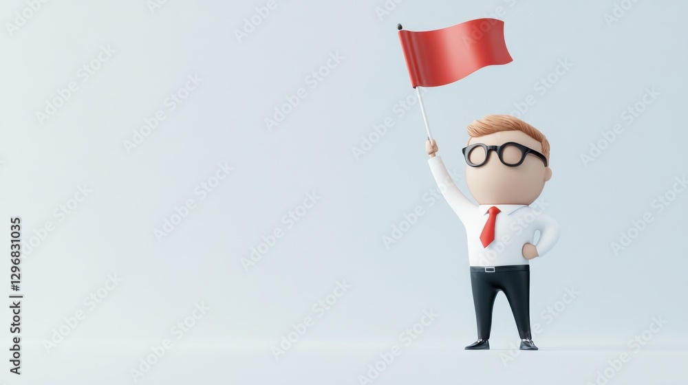 Poster cartoon character in glasses holding red flag standing alone on minimal background to symbolize warn