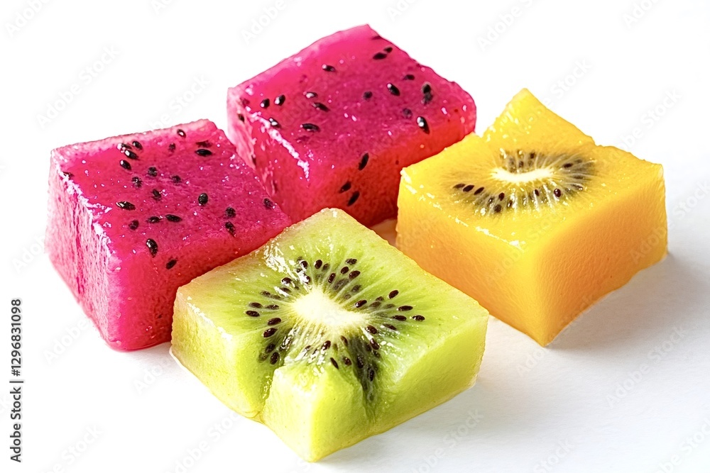 Poster cubes of kiwi and dragon fruit arranged on a white background creating a vibrant display of colors a
