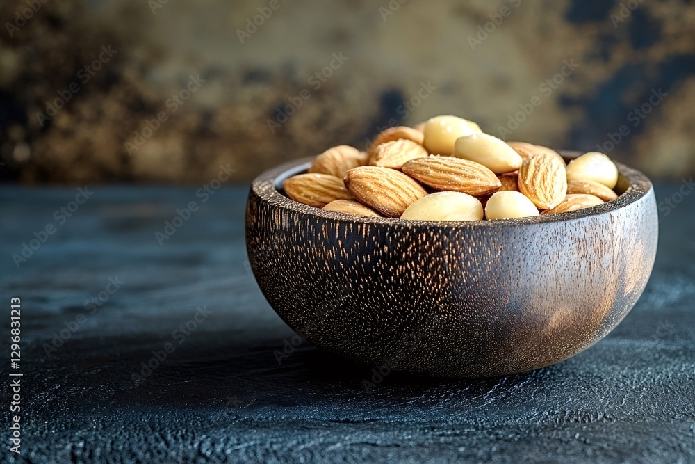 Poster peeled almonds overflowing from a dark wooden bowl create an inviting display on a richly textured s