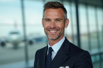 Fototapeta premium Head and shoulders Portrait of an elegant stylish Australian 50 years old male flight attendant in uniform.