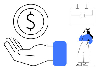 Businesswoman ponders financial choices with a large hand holding a money sign and a briefcase. Ideal for business planning, investment, financial advice, decision-making, career growth, strategic