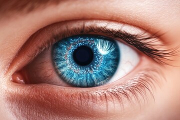 Fototapeta premium Striking close-up of human eye showcasing vivid blue iris and in