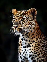 Obraz premium Portrait of a leopard against a dark background showcasing its patterned coat and focused gaze.