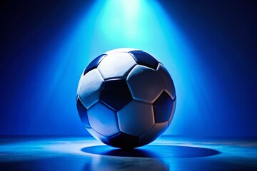 Fototapeta premium Silhouette Soccer Ball on Vibrant Blue Background - Dramatic Sports Photography