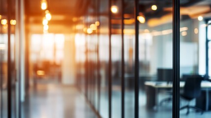 Blurred office corridor with gradient lighting, symbolizing modern workspace creativity and focus.
