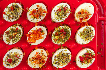 cheese appetizer soft cheese with herbs and tomatoes pieces fresh tasty food dish delicious gourmet food background on the table rustic food top view copy space