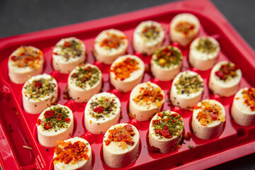 cheese appetizer soft cheese with herbs and tomatoes pieces fresh tasty food dish delicious gourmet food background on the table rustic food top view copy space
