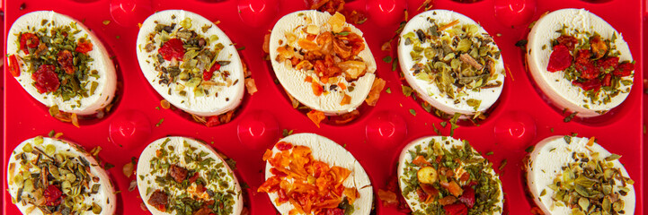 cheese appetizer soft cheese with herbs and tomatoes pieces fresh tasty food dish delicious gourmet food background on the table rustic food top view copy space