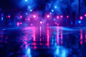 Fototapeta premium Rainy Night Cityscape Neon Lights Reflections Wet Asphalt Urban Background Pink Blue Vivid Dramatic Dark Atmospheric Nighttime Scene City Street Rain 