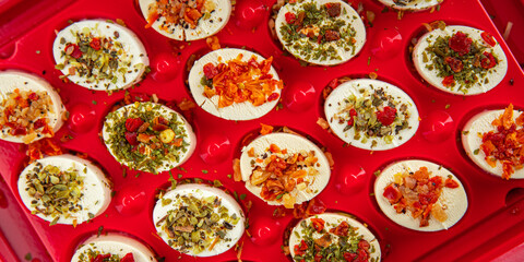 cheese appetizer soft cheese with herbs and tomatoes pieces fresh tasty food dish delicious gourmet food background on the table rustic food top view copy space