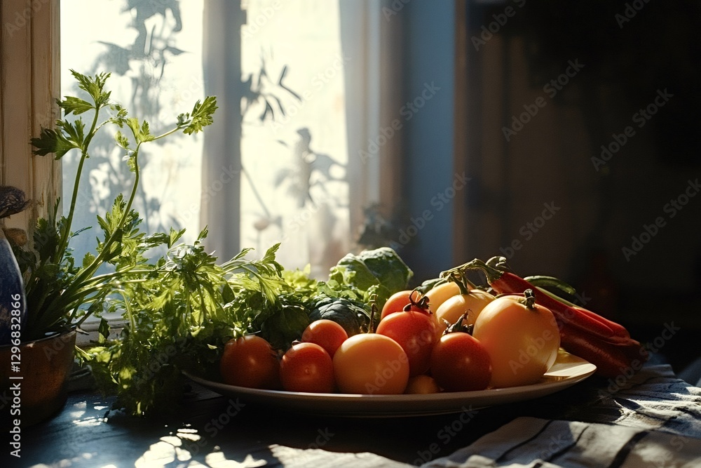 Poster plate of colorful tomatoes and fresh herbs sits on a windowsill, bathed in the warm sunlight streami