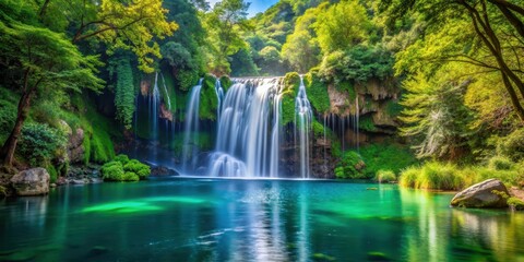 waterfall cascading into a serene crystal clear lake surrounded by lush green trees and vibrant foliage, landscape photography , tranquil atmosphere