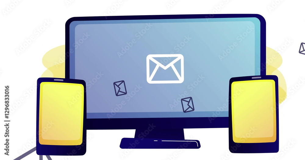Poster image of screens with speech bubbles and envelope icons on white background