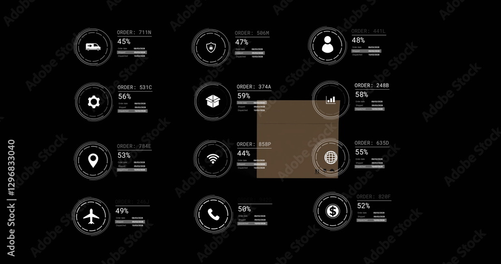 Poster image of media icons and data processing on black background