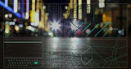 Image of data processing and diagrams ove cityscape at night