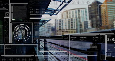 Image of data processing and diagrams ove train station