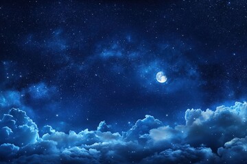 In the night sky, there is a beautiful crescent moon surrounded by clouds