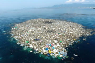 Massive garbage patch in ocean. Plastic waste and debris swirling in the currents, sea pollution concept