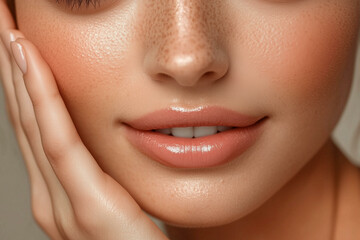 Obraz premium Woman natural lips close up. Beautiful girl mouth with natural makeup, perfect clean skin and plump pink lips. Beauty and skincare concept