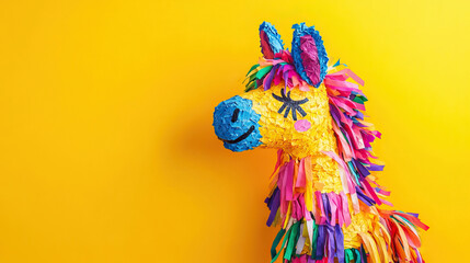 Pinata with colorful ribbons, bright yellow background