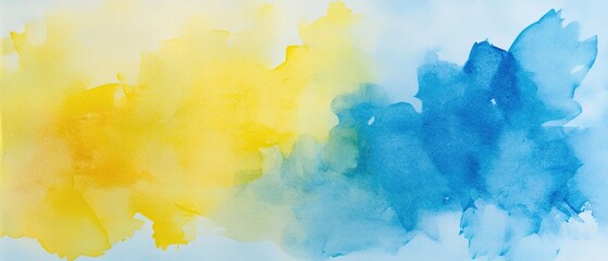 Colorful Yellow Abstract Watercolor Painting on Blue Paper Showcasing a Harmonious Blend of Warm and Cool Tones