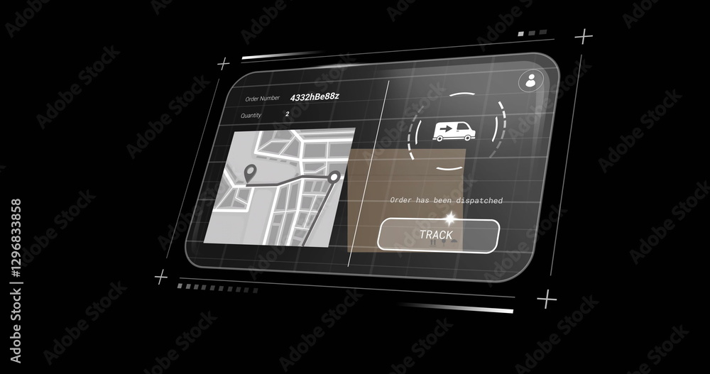 Poster image of delivery screen with data and map on black background