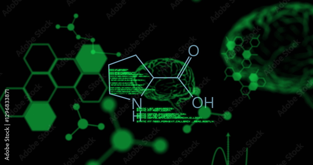 Poster image of data processing and brains over chemical formula on black background