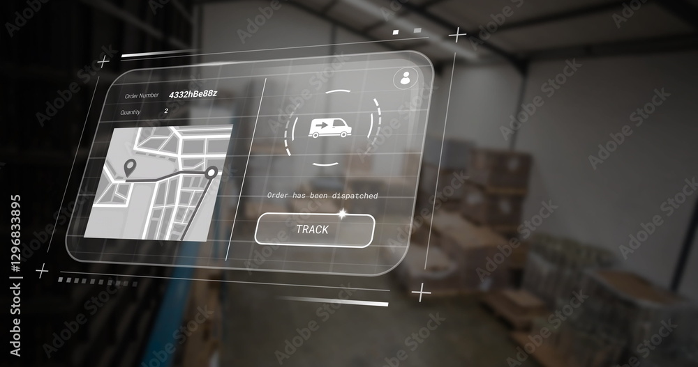 Poster image of data processing on screen over warehouse