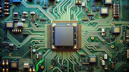Fototapeta premium Digital circuit board with complex mesh of wires and microchips, computer hardware