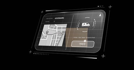Image of delivery screen with data and map on black background