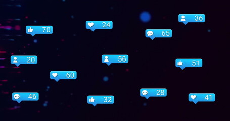 Image of social media like and love notifications and colourful lights on black background
