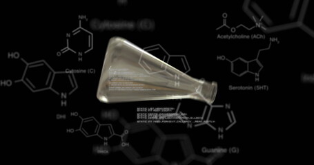 Image of data processing and vial over chemical formula on black background