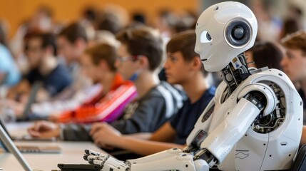Robot instructing students in a classroom, representing ai enhanced learning experience
