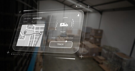Image of data processing on screen over warehouse