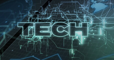 Image of tech text and data processing over network of connections