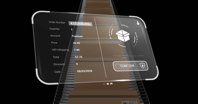 Image of delivery screen with data over boxes on conveyor belt