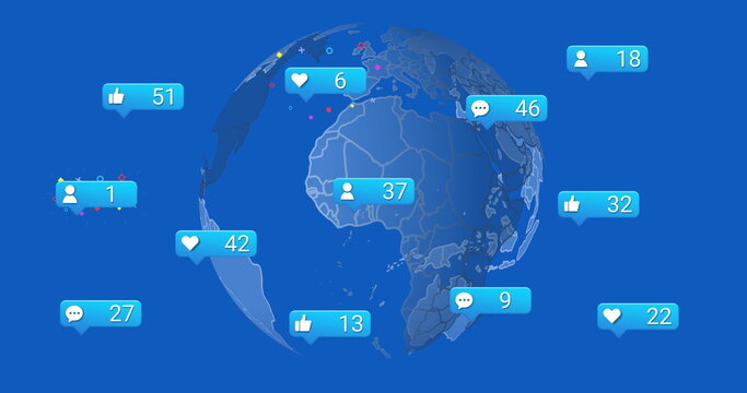 Image of media icons and globe on blue background - Powered by Adobe