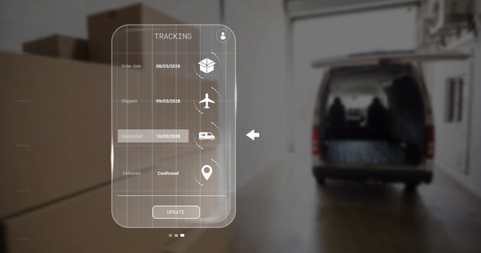 Image of data processing on screen over delivery car