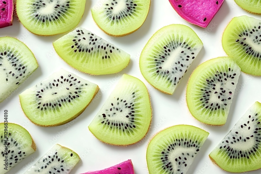 Poster kiwi fruit and dragon fruit slices are creating a colorful and healthy pattern on a white background