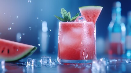 Refreshing watermelon cocktail with ice, mint, and vibrant colors, perfect for summer gatherings and relaxing moments.
