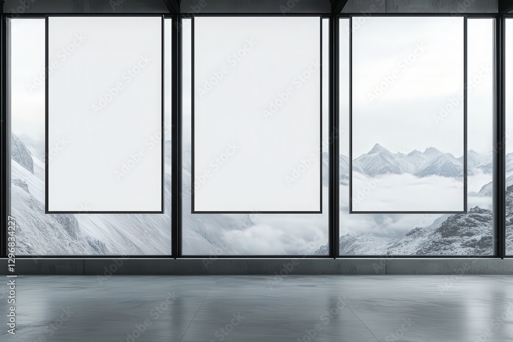 Poster there is an empty room that features many windows plus a grid on the wall