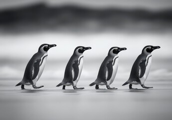 Obraz premium A monochrome depiction of four adorable penguins walking in a line on a serene beach, showcasing their unique characteristics and playful demeanor in nature