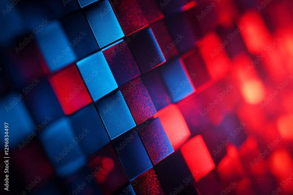 Poster abstract digital background featuring illuminated blue and red squares representing data technology