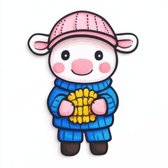 Obraz premium Cute Cartoon Sheep Character in Blue Sweater Holding Corn with Pink Hat and Friendly Expression