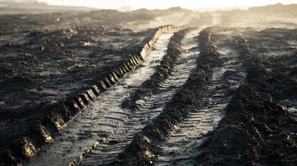 Fototapeta premium Deep tire tracks on muddy ground at sunset reveal the aftermath of vehicle movement in an agricultural field. Generative AI