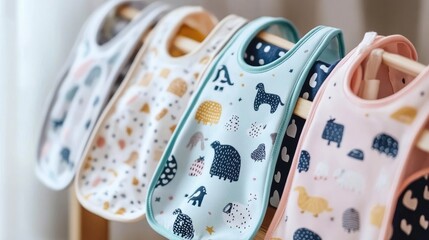 A neatly arranged set of baby bibs with fun prints and soft fabric.