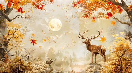 Artwork digital paint wallpaper. golden leaf and sun with colorful trees and deer on a light background